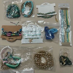 Bundle Set of 10x Bracelets, teal/aqua/gold, various styles
